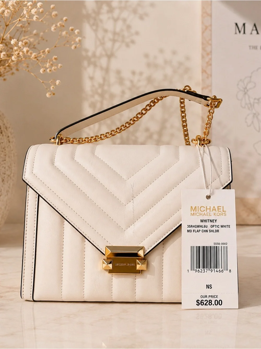 Michael Kors White Quilted Shoulder Bag with Gold Chain